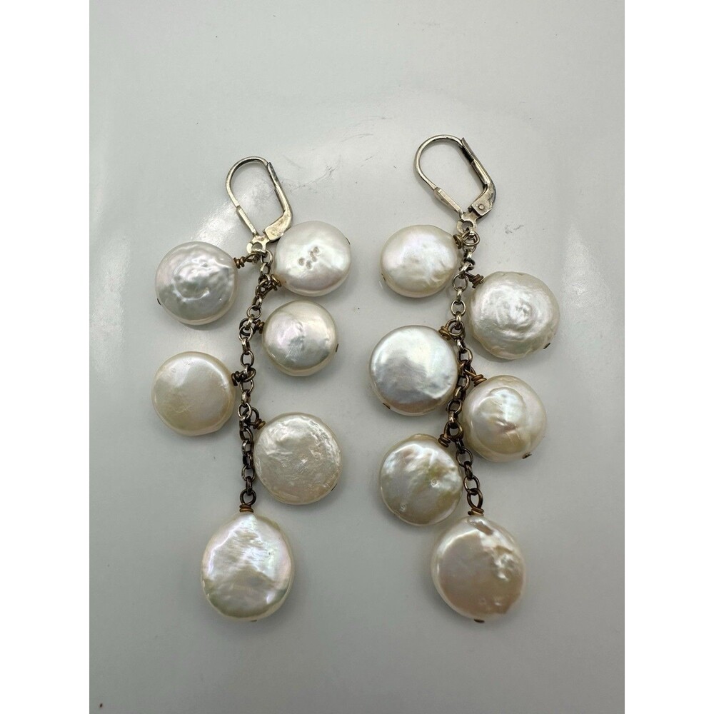 Gold Over 925 Sterling Silver Freshwater Coin Pearl Dangle Lever back Earrings